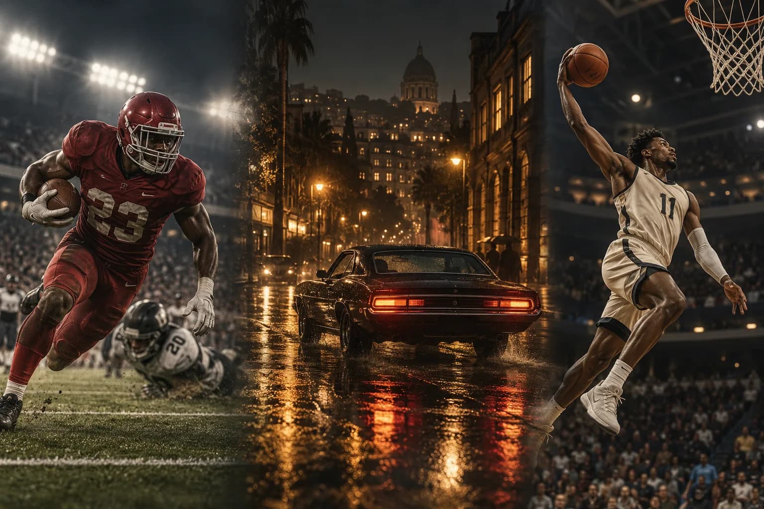 Original cinematic scene combining American football, a rainy city film scene and basketball
